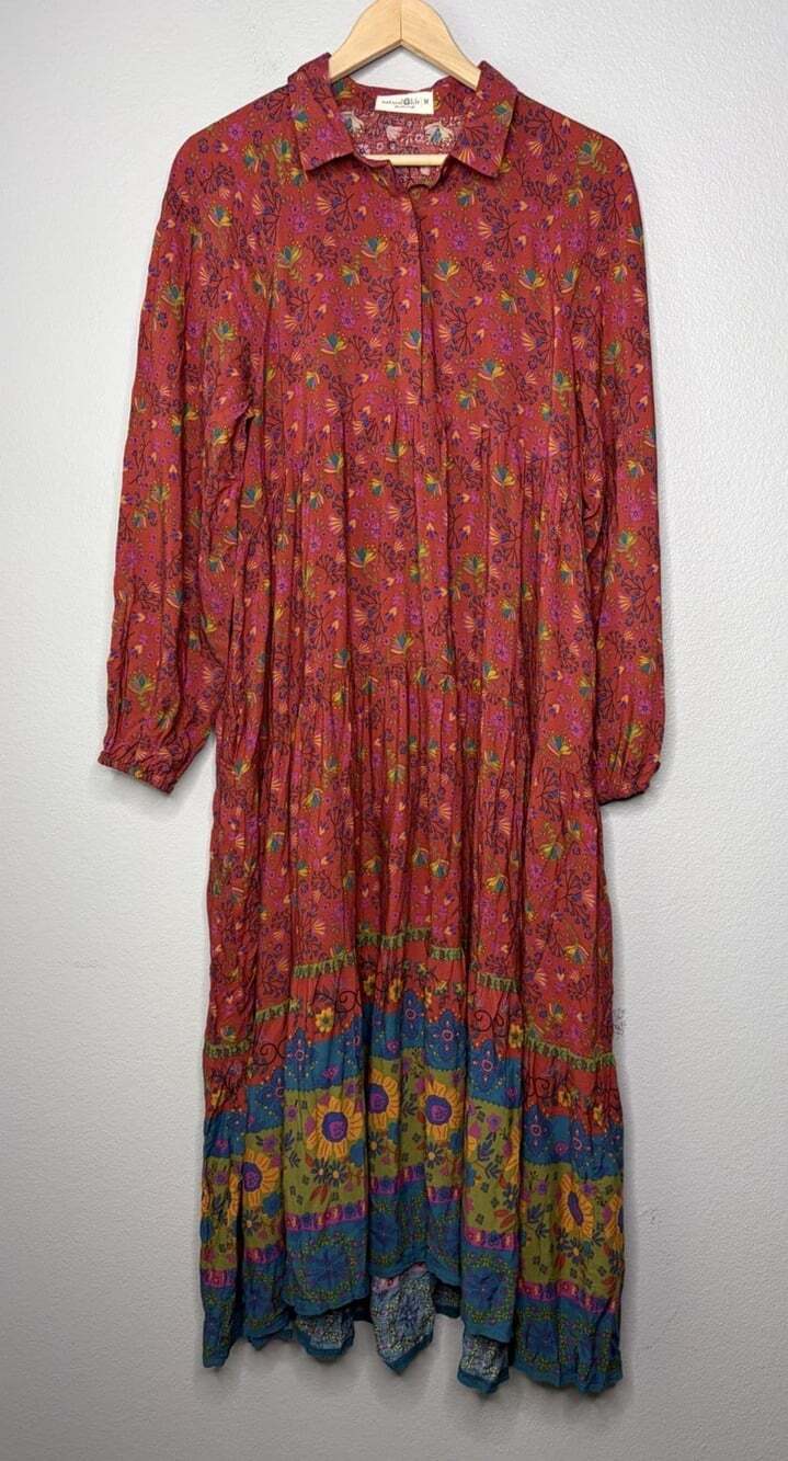 Natural Life Rebecca Midi Dress Tiered Rayon Red Fall Floral Vibrant MEDIUM